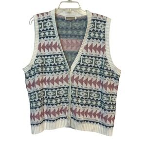 VTG Sweater Vest V Neck Button Front Pink Green Blue Graphic Plus Size 1X